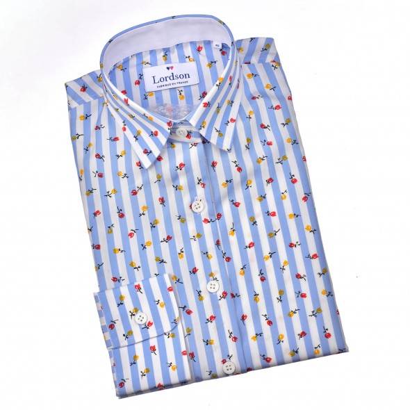 CHEMISIER FEMME LADY RAYURES BLEU CIEL ET FLEURS