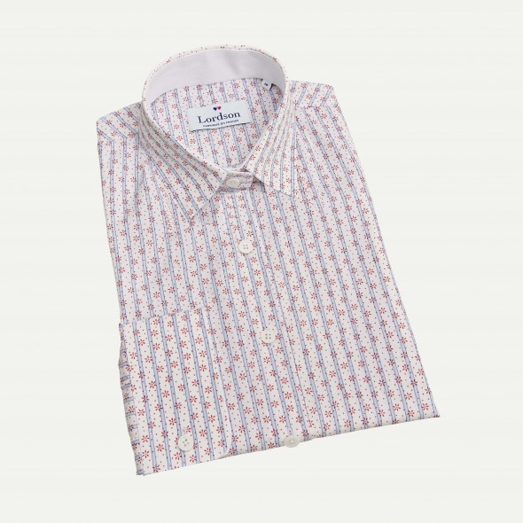 CHEMISIER FEMME LADY RAYÉE BLEU OPPOSITION FLEURS ROUGES ET BLANCHES