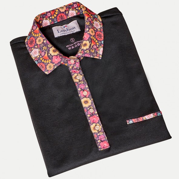 POLO FEMME BUMP NOIR COL FLEURS ROUGE ET OR