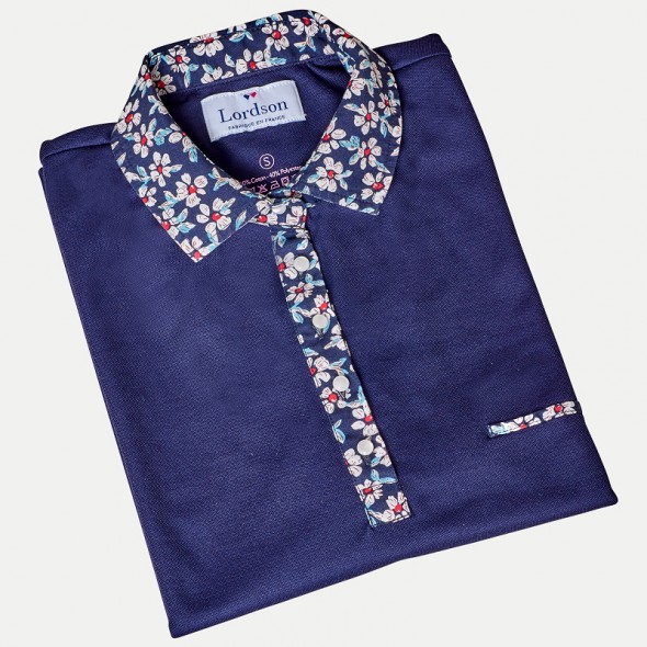 POLO FEMME BUMP MARINE COL FLEURS BLANCHE ET ROUGE