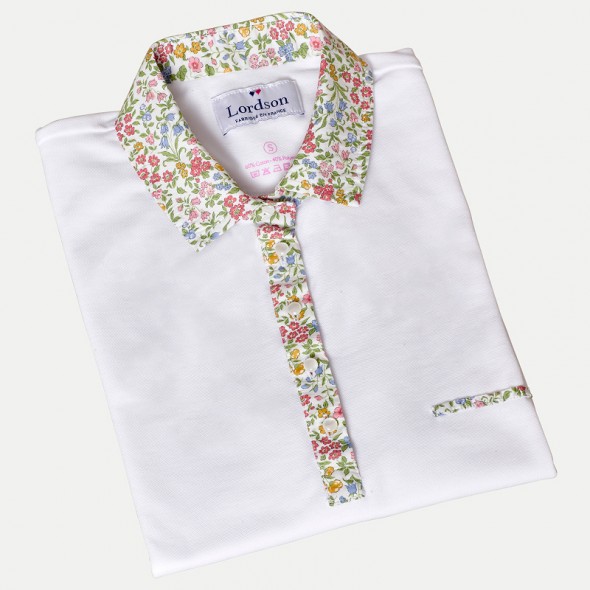 POLO FEMME BUMP BLANC COL FLEURS PASTEL