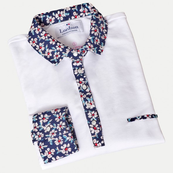 POLO FEMME SWING BLANC FLEURS BLANCHES FOND MARINE